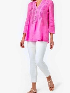 New Lilly Pulitzer Sarasota Tunic Blouse Pink Isle 100% Linen Women's sz M